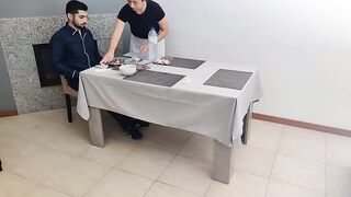 Waitress gets internal cumshot in her creamy pussy under the table